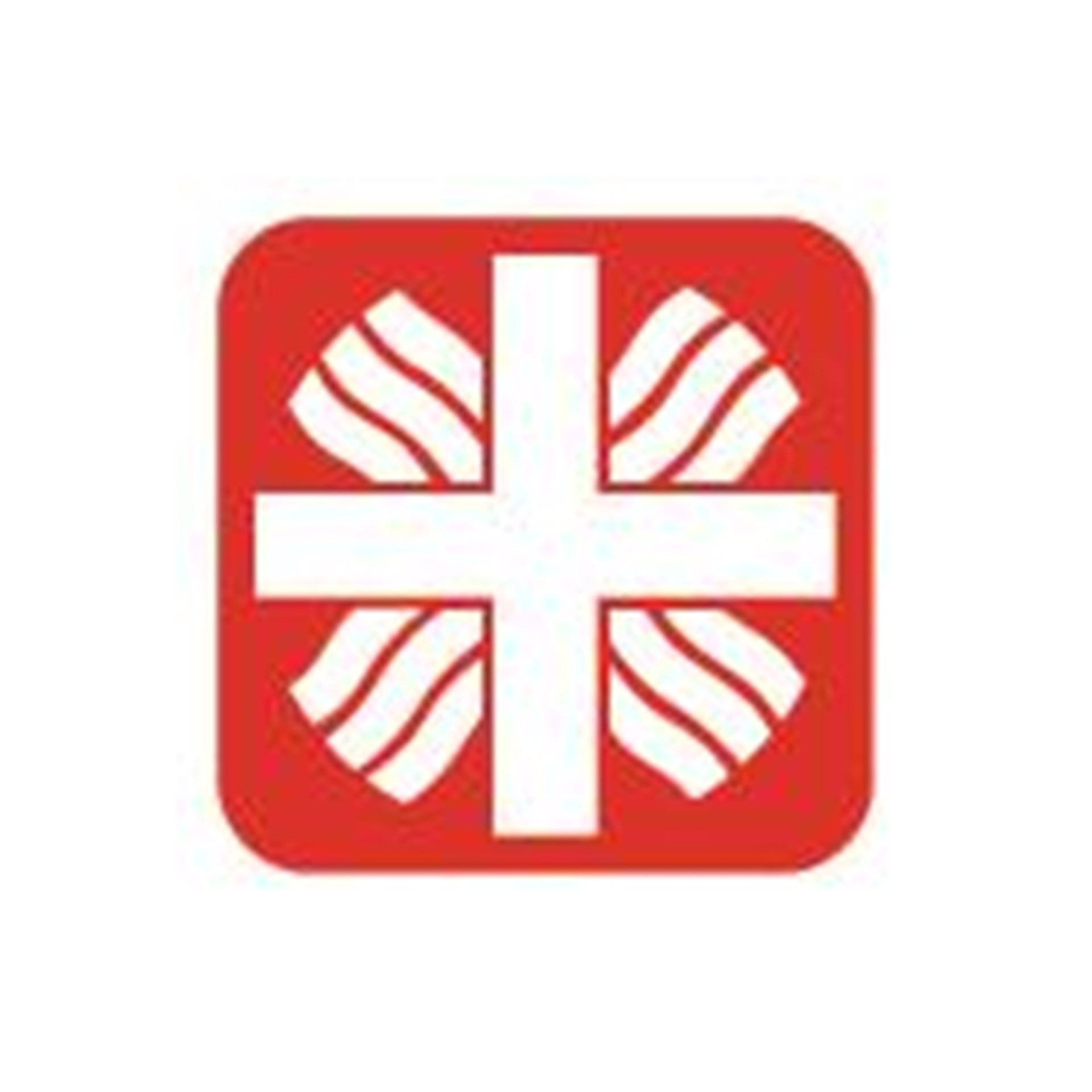 Quadratisches Caritas Logo mit weißem Flammenkreuz auf rotem Grund